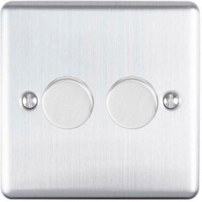 2 Gang 400W 2 Way Rotary Dimmer Switch SATIN STEEL Light Dimming Wall Plate