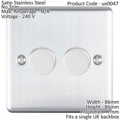 2 Gang 400W 2 Way Rotary Dimmer Switch SATIN STEEL Light Dimming Wall Plate