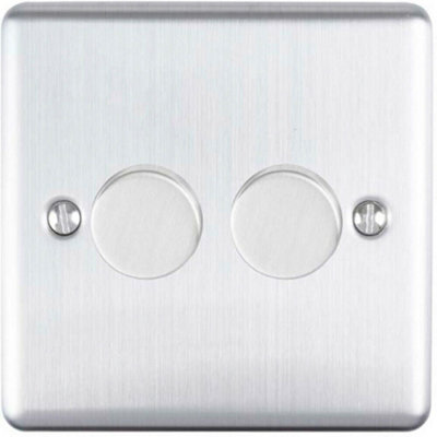 2 Gang 400W 2 Way Rotary Dimmer Switch SATIN STEEL Light Dimming Wall Plate