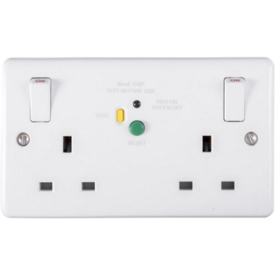 2 Gang Double 13A Swithed UK Plug Socket - 30mA Passive RCD WHITE Safety Outlet