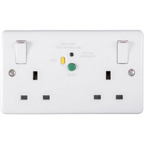 2 Gang Double 13A Swithed UK Plug Socket - 30mA Passive RCD WHITE Safety Outlet