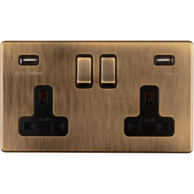 2 Gang Double 13A UK Plug Socket & 2.1A USB-A Charger SCREWLESS ANTIQUE BRASS