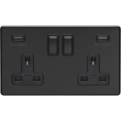 2 Gang Double 13A UK Plug Socket & 2.1A USB-A Charger SCREWLESS MATT BLACK
