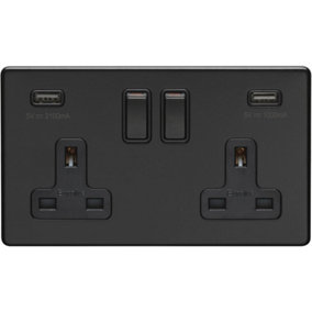 2 Gang Double 13A UK Plug Socket & 2.1A USB-A Charger SCREWLESS MATT BLACK