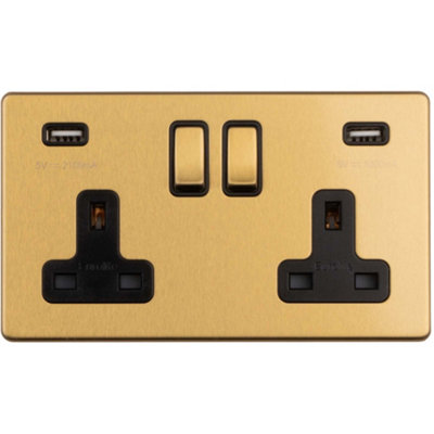 2 Gang Double 13A UK Plug Socket & 2.1A USB-A Charger SCREWLESS SATIN BRASS