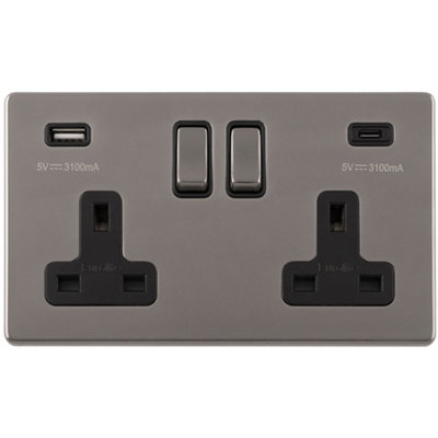 2 Gang Double 13A UK Plug Socket & 2x 3.1A USB-C & USB-A SCREWLESS BLACK NICKEL