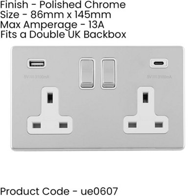 2 Gang Double 13A UK Plug Socket & 2x 3.1A USB-C USB-A SCREWLESS CHROME ...