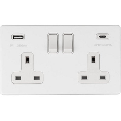 2 Gang Double 13A UK Plug Socket & 2x 3.1A USB-C & USB-A SCREWLESS MATT WHITE