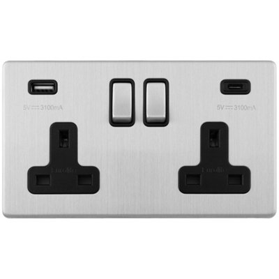2 Gang Double 13A UK Plug Socket & 2x 3.1A USB-C & USB-A SCREWLESS ...
