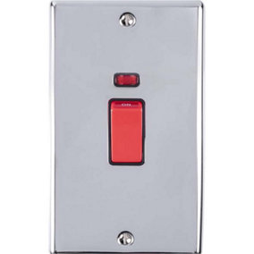 2 Gang Double 45A DP Switch & Neon - POLISHED CHROME & BLACK TRIM Vertical Plate
