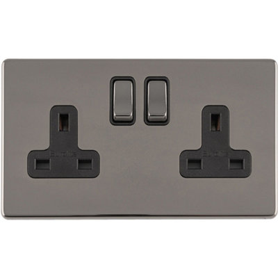 2 Gang Double DP 13A Switched UK Plug Socket SCREWLESS BLACK NICKEL Wall Power