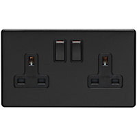 2 Gang Double DP 13A Switched UK Plug Socket SCREWLESS MATT BLACK Wall Power