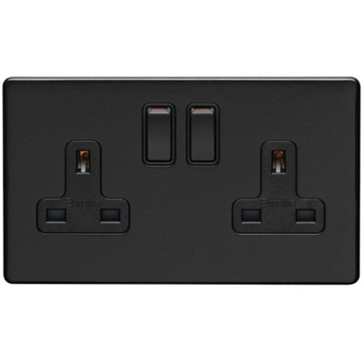 2 Gang Double DP 13A Switched UK Plug Socket SCREWLESS MATT BLACK Wall Power