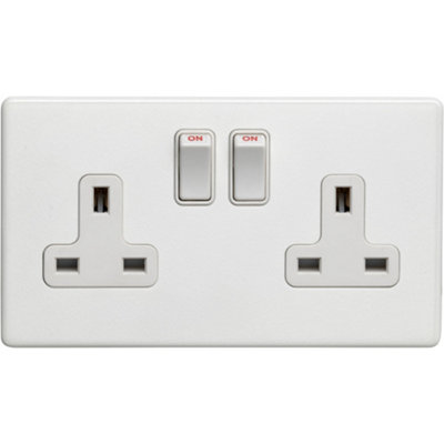 2 Gang Double DP 13A Switched UK Plug Socket SCREWLESS MATT WHITE Wall Power