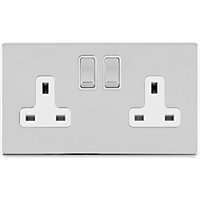 2 Gang Double DP 13A Switched UK Plug Socket SCREWLESS POLISHED CHROME Power