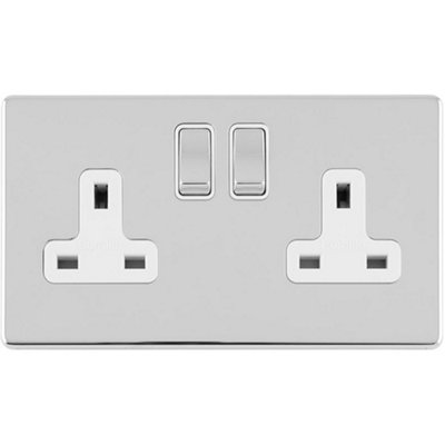 2 Gang Double DP 13A Switched UK Plug Socket SCREWLESS POLISHED CHROME Power