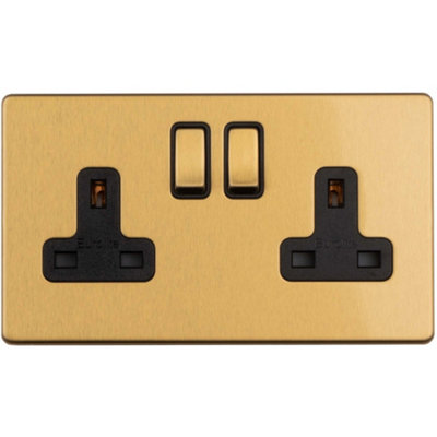 2 Gang Double DP 13A Switched UK Plug Socket SCREWLESS SATIN BRASS Wall ...
