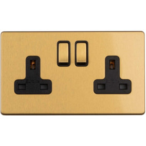 2 Gang Double DP 13A Switched UK Plug Socket SCREWLESS SATIN BRASS Wall Power