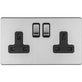 2 Gang Double DP 13A Switched UK Plug Socket SCREWLESS SATIN STEEL Wall Power