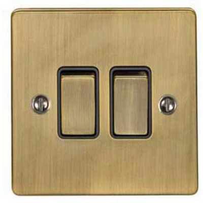 2 Gang Double Light Switch ANTIQUE BRASS 2 Way 10A Black Trim & Metal Rocker