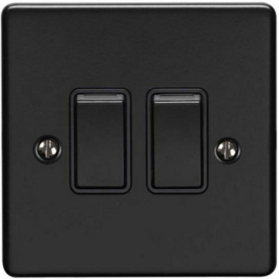 2 Gang Double Light Switch MATT BLACK 2 Way 10A Black Trim & Metal Rocker