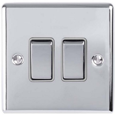 2 Gang Double Light Switch POLISHED CHROME 2 Way 10A GREY Trim & Metal Rocker