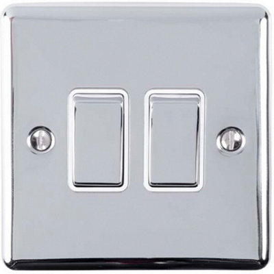 2 Gang Double Light Switch POLISHED CHROME 2 Way 10A White Trim & Metal Rocker