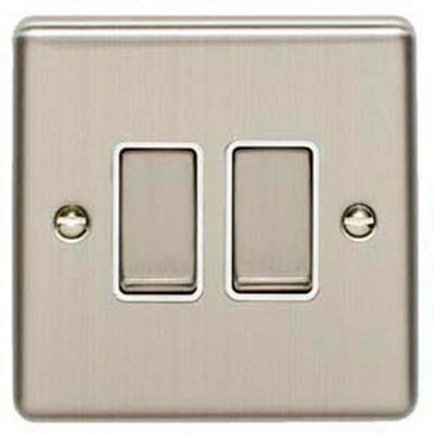 2 Gang Double Light Switch SATIN STEEL 2 Way 10A White Trim & Metal Rocker
