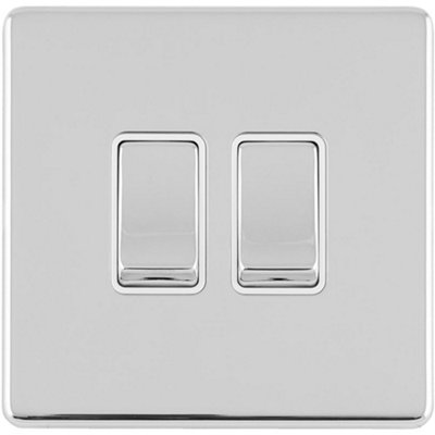 2 Gang Double Light Switch SCREWLESS POLISHED CHROME 2 Way 10A Metal Rocker Slim
