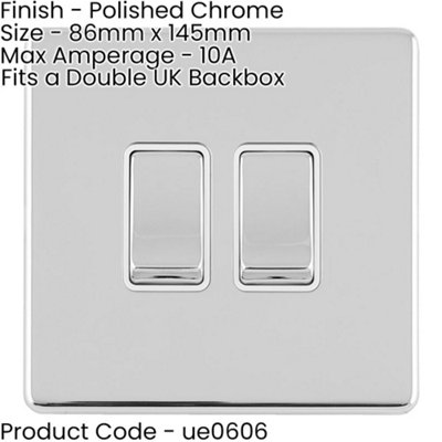 2 Gang Double Light Switch SCREWLESS POLISHED CHROME 2 Way 10A Metal Rocker Slim