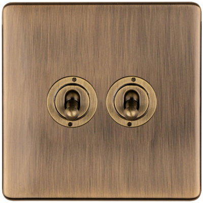 2 Gang Double Retro Toggle Light Switch SCREWLESS ANTIQUE BRASS 10A 2 Way Lever