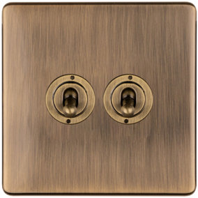 2 Gang Double Retro Toggle Light Switch SCREWLESS ANTIQUE BRASS 10A 2 Way Lever