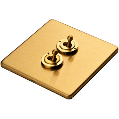 2 Gang Double Retro Toggle Light Switch SCREWLESS SATIN BRASS 10A 2 Way ...