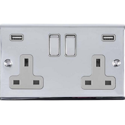 2 Gang Double UK Plug Socket & 2.1A USB-A Charger CHROME & GREY 13A Switched