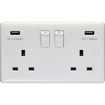 2 Gang Double UK Plug Socket & 2.1A USB-A Charger WHITE PLASTIC 13A Switched