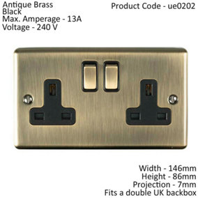 2 Gang Double UK Plug Socket ANTIQUE BRASS 13A Switched Mains Wall Power Outlet
