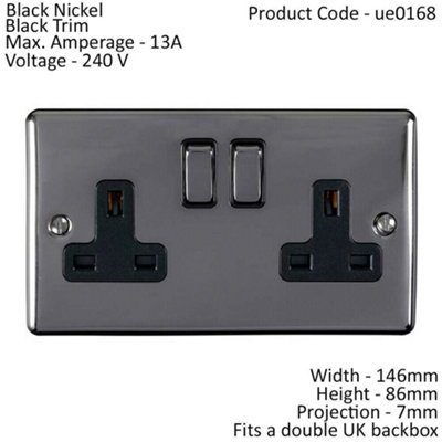 2 Gang Double UK Plug Socket BLACK NICKEL 13A Switched Mains Wall Power Outlet