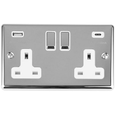 2 Gang Double UK Plug Socket & Dual 3.1A USB-C & A CHROME & WHITE 13A Switched