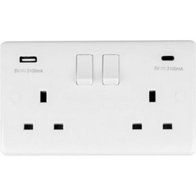 2 Gang Double UK Plug Socket & Dual 3.1A USB-C & A WHITE PLASTIC 13A Switched