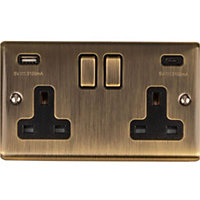 2 Gang Double UK Plug Socket & Dual 3.1A USB-C USB-A ANTIQUE BRASS 13A Switched