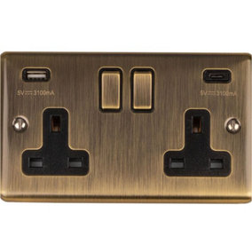 2 Gang Double UK Plug Socket & Dual 3.1A USB-C USB-A ANTIQUE BRASS 13A Switched