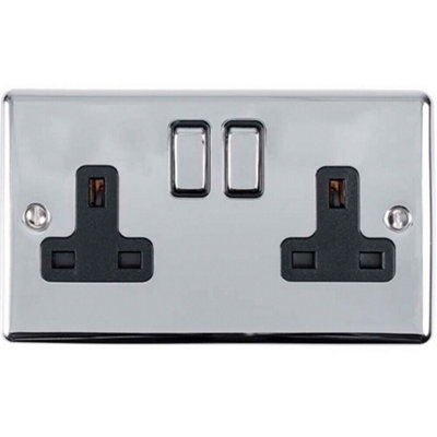 2 Gang Double UK Plug Socket POLISHED CHROME & Black 13A Switched Power ...