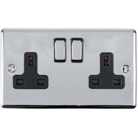 2 Gang Double UK Plug Socket POLISHED CHROME & Black 13A Switched Power Outlet