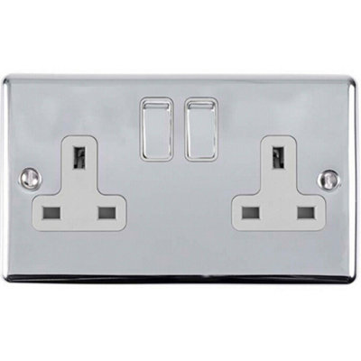2 Gang Double UK Plug Socket POLISHED CHROME & White 13A Switched Power
