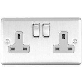 2 Gang Double UK Plug Socket SATIN STEEL 13A Switched Grey Trim Power Outlet