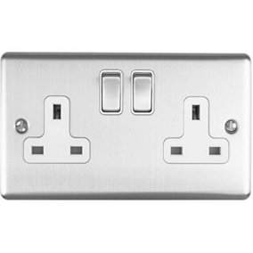2 Gang Double UK Plug Socket SATIN STEEL 13A Switched White Trim Power Outlet