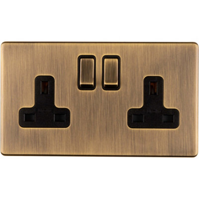 2 Gang DP 13A Switched UK Plug Socket SCREWLESS ANTIQUE BRASS Wall Power Outlet