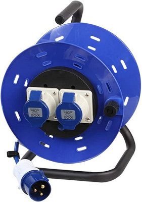 2 Gang Extension Reel with 50m Cable, 240V 16A, 3 Pin Hook Up EN60309 Plug Socket for Caravan Site Camping Motorhome, Blue