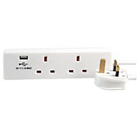 2 Gang Mains Extension Lead with USB, 1m - White
