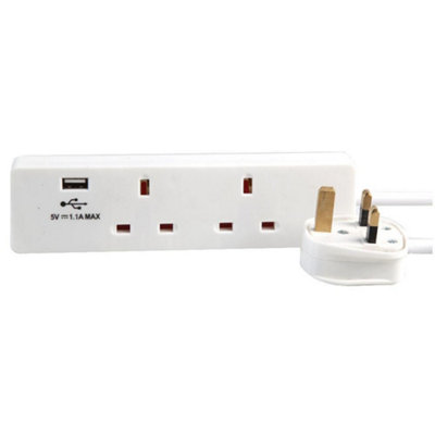 2 Gang Mains Extension Lead with USB, 1m - White